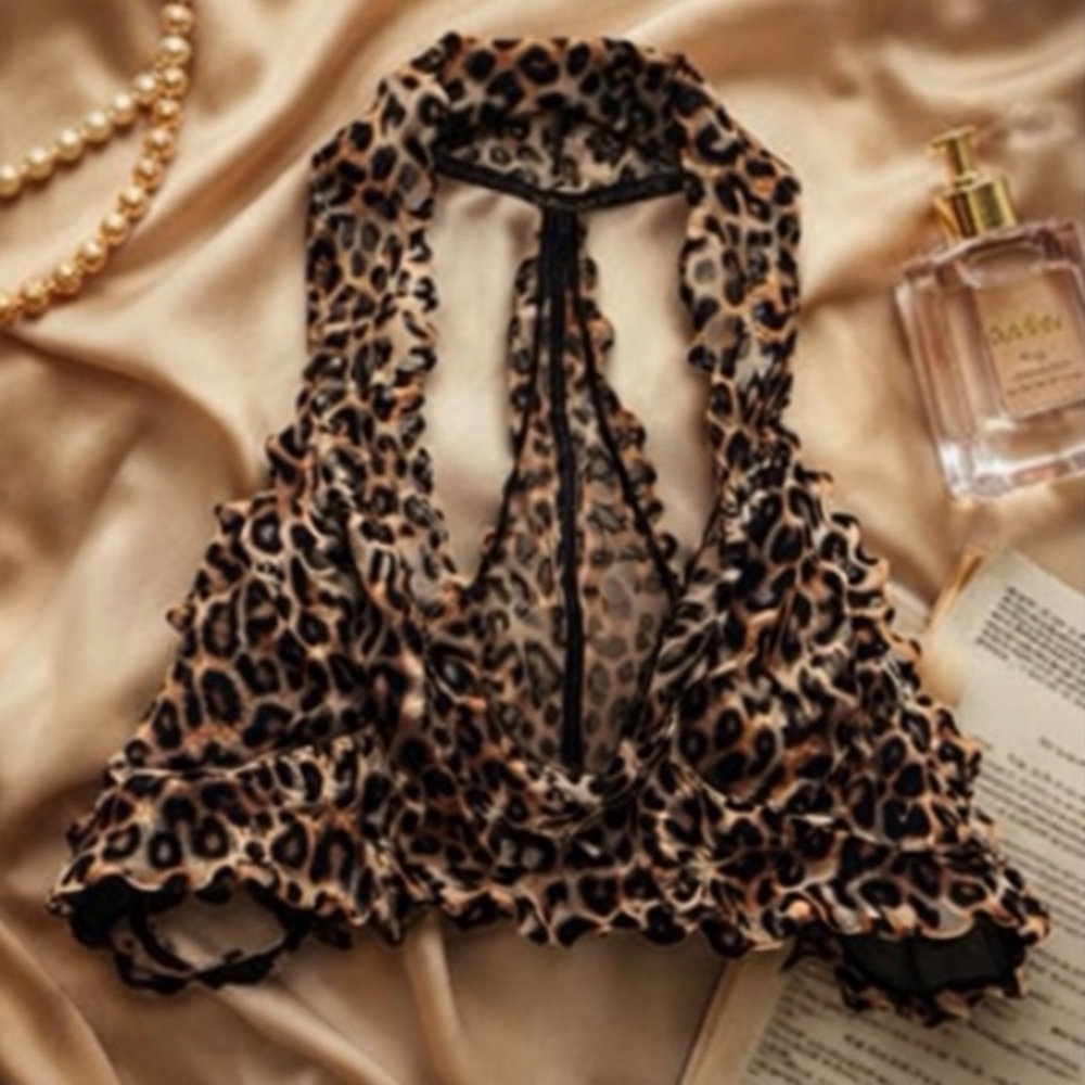 Leopard Mesh Ruffle Bralette Size M Lined Cami Crop Top Victoria’s Secret PINK